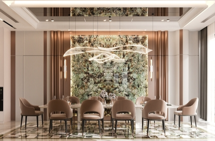 modern dinning room with neutral tones and marble surfaces design